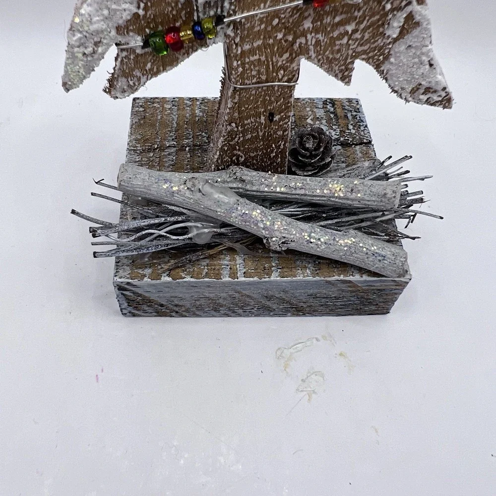 Wood Christmas Tree Flocked Snow String Of Lights with Beads Sparkles 9.5